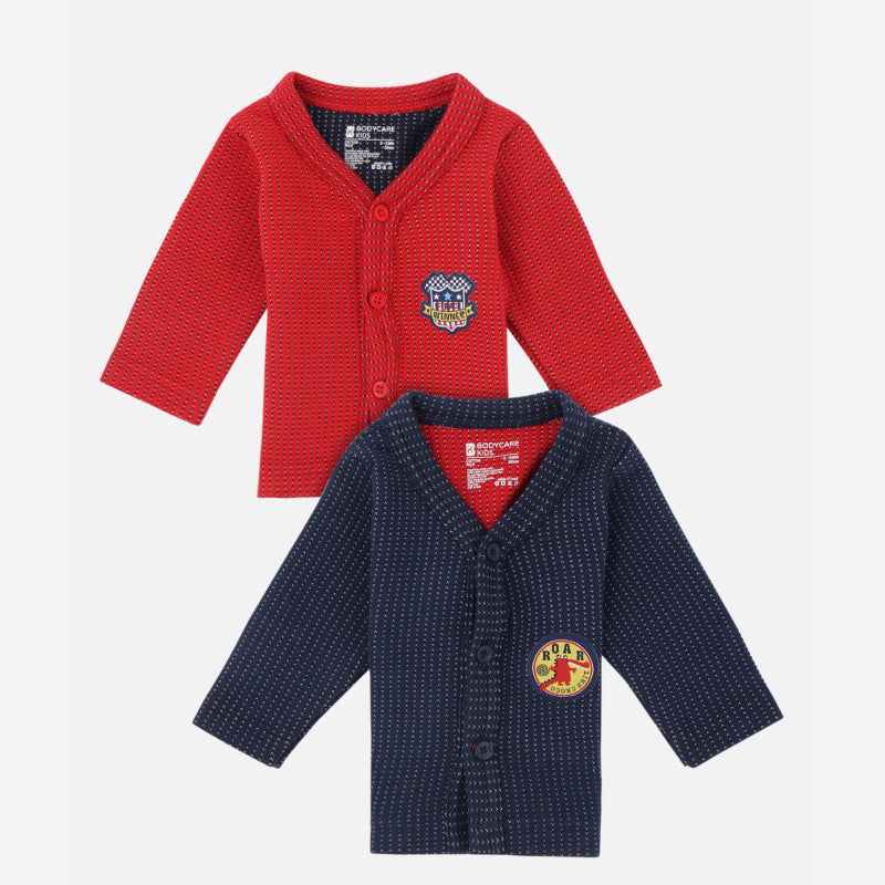 Combo of two kids' full-sleeve thermal tops, one red and one navy, with playful patches