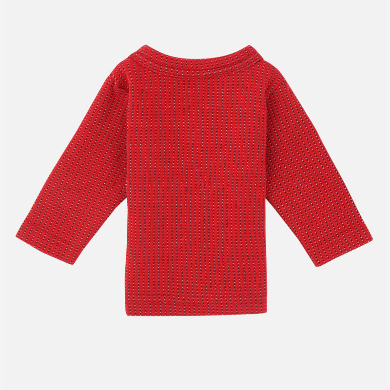 Red kids thermal innerwear top with long sleeves, textured pattern, back view