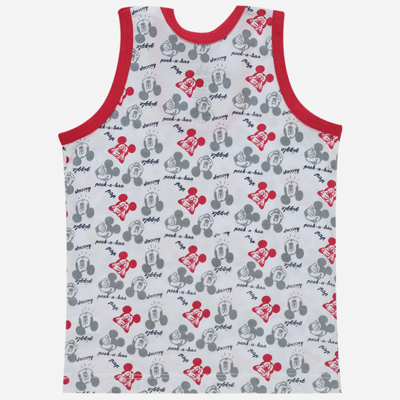 Kids sleeveless tank top with cartoon print and red trim, comfortable innerwear.