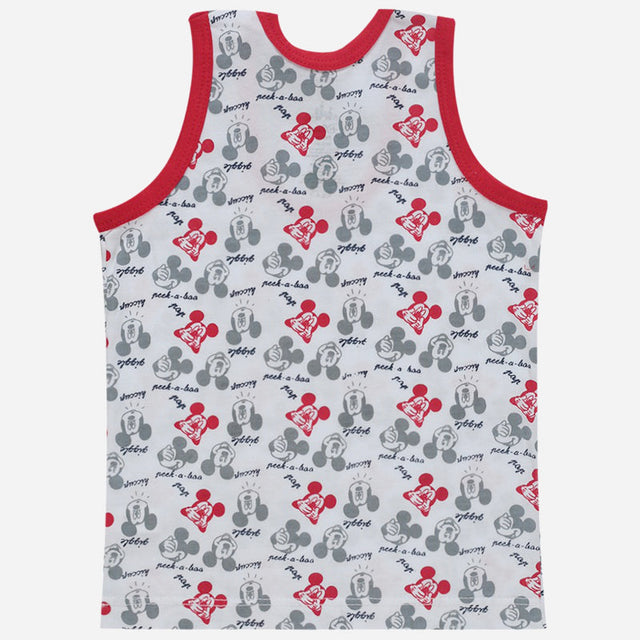 Kids sleeveless tank top with cartoon print and red trim, comfortable innerwear.