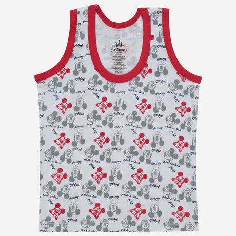 Kids sleeveless innerwear vest with allover cartoon print and red trim, white base