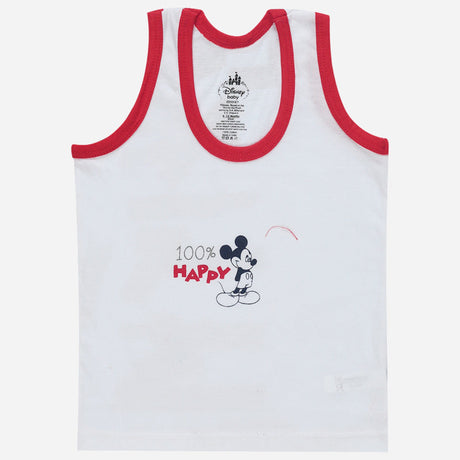 White kids sleeveless vest with red trim and playful cartoon mouse print, comfortable innerwear