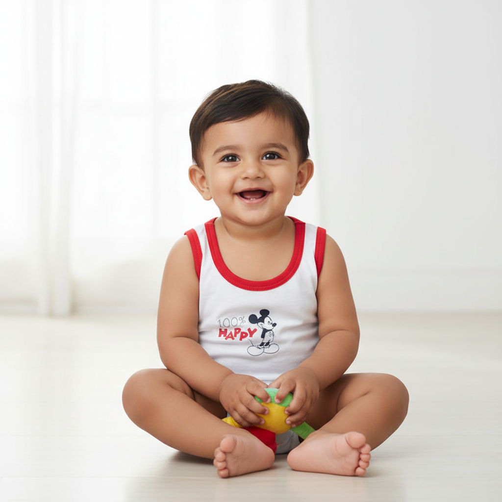 Smiling baby in sleeveless white vest with red trim and cartoon print, sitting indoors