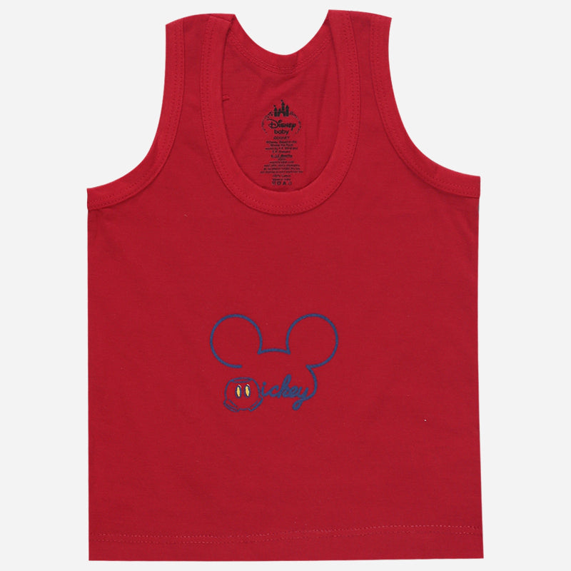 Red sleeveless kids vest with blue Mickey Mouse outline and text, soft cotton innerwear