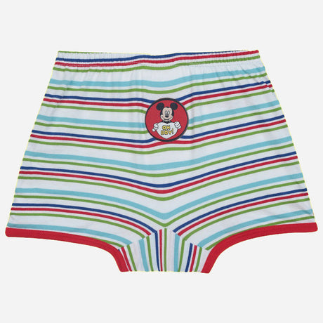 Kids striped boxer shorts with cartoon character patch, multicolored lines, red trim