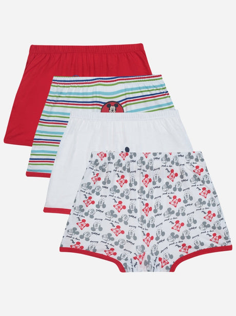 Set of four boys' cotton innerwear briefs in red, stripes, white, and cartoon print.