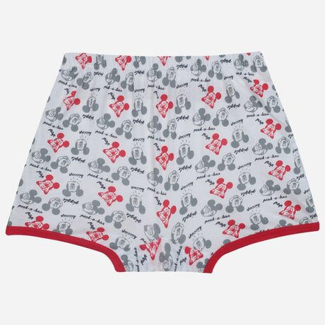 Kids white printed boxer briefs with cartoon face patterns and red trim on plain background