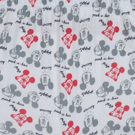 Kids white innerwear fabric with red and grey cartoon face and 'peek-a-baa' text print
