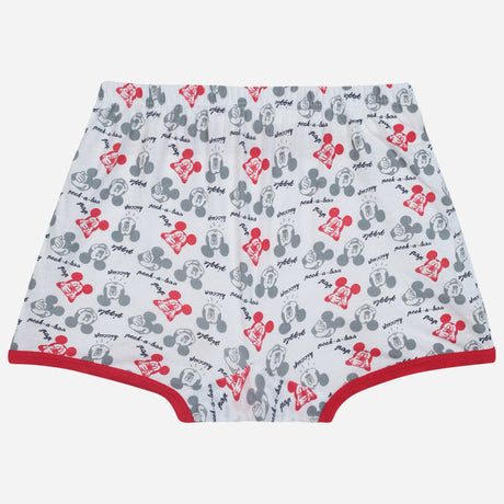 Kids white printed boxer shorts with red and grey cartoon faces and red trim, elastic waistband