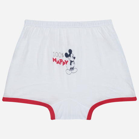White kids underwear with red trim and cartoon mouse graphic with '100% Happy' text