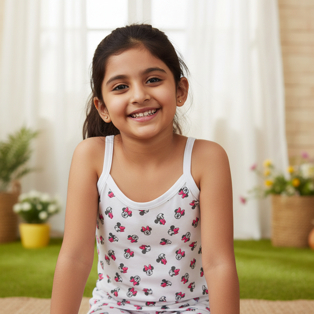 Smiling girl in white printed kids camisole, sitting indoors with plants in background