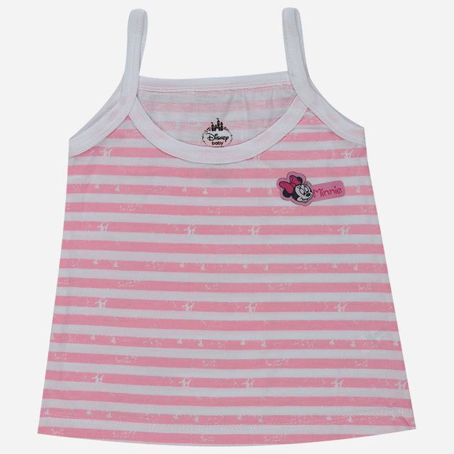 Pink and white striped girls camisole with Minnie Mouse print, soft cotton kids innerwear