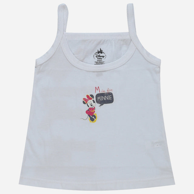 White kids camisole with Minnie Mouse print and 'M is for Minnie' text, sleeveless innerwear.