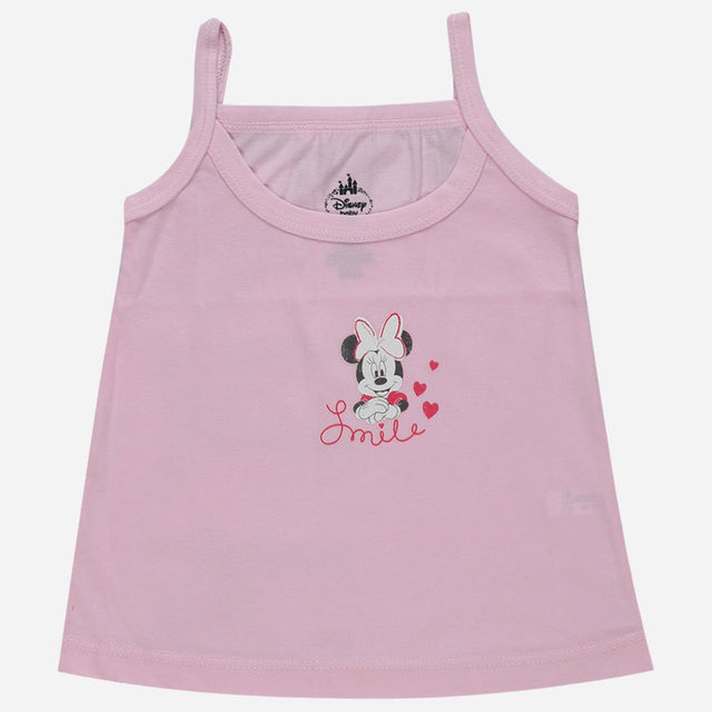Pink kids camisole with cartoon mouse print, hearts, and 'Smile' text, soft cotton innerwear
