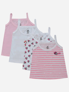 Pack of four girls' camisoles with pink, white, Minnie Mouse print and stripes designs