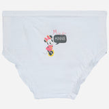 White kids underwear with cartoon mouse print and 'M is for MINNIE' text on the front.