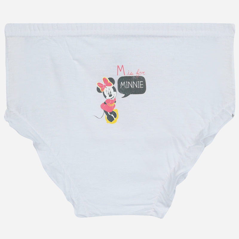 White kids underwear with cartoon mouse print and 'M is for MINNIE' text on the front.