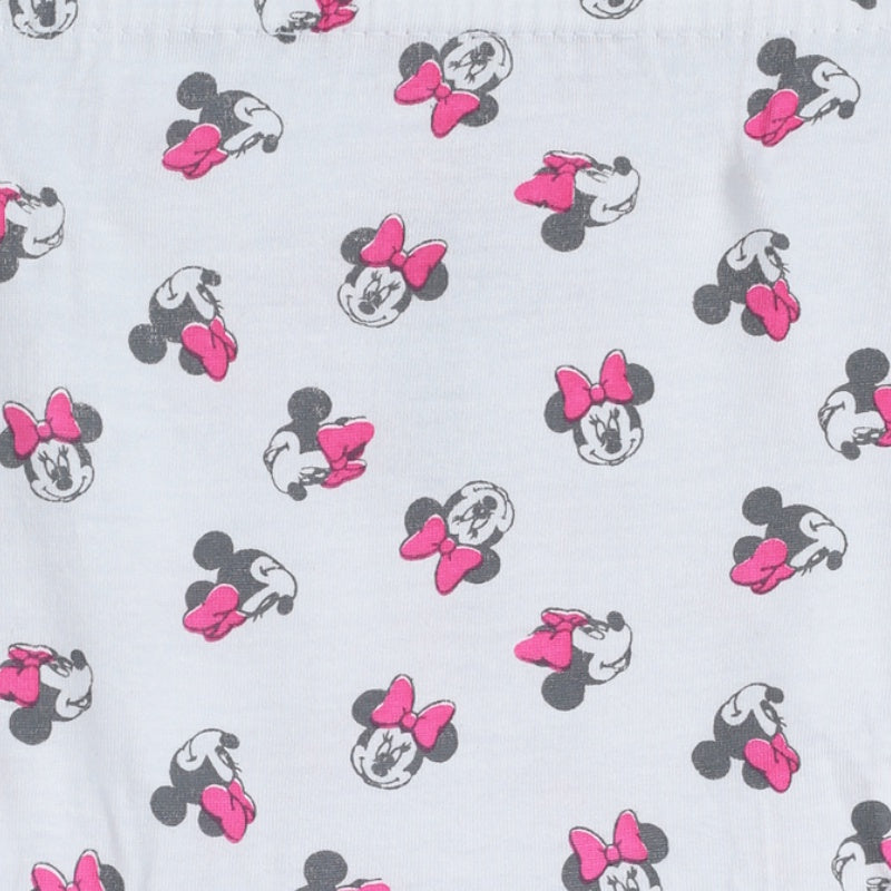 White fabric with cartoon mouse faces and pink bows, kids innerwear pattern