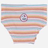 Girls’ striped underwear with pastel colors and Minnie Mouse patch at the center front