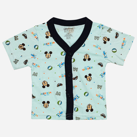 Light blue baby short sleeve shirt with cartoon and sports prints, button front