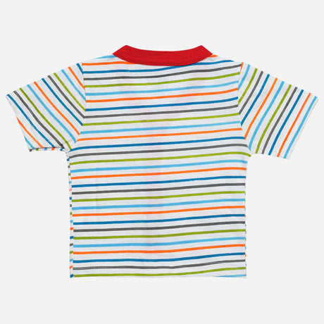 Back view of kids striped short sleeve t-shirt with red neckline on white background