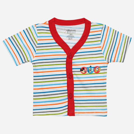 Colorful striped baby T-shirt with red buttoned placket and cartoon print on front
