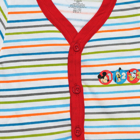 Striped baby onesie with red trim, cartoon character prints, and front buttons