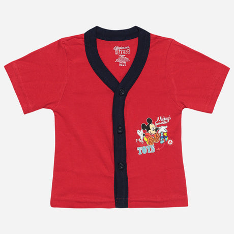 Red short sleeve kids button-up t-shirt with Mickey Mouse cartoon and toys print on front