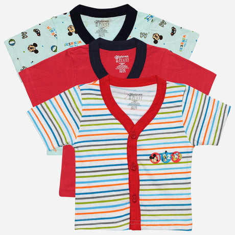 Set of three boys' short-sleeve cotton vests, striped, red, and cartoon print designs