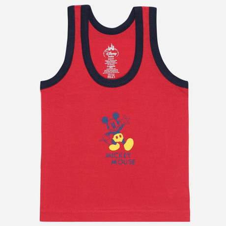 Red kids sleeveless vest with Mickey Mouse print, navy trim, comfortable cotton innerwear