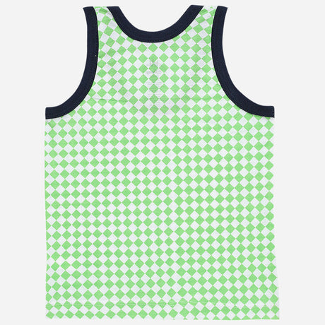 Kids sleeveless vest with green and white diamond pattern, navy trim, innerwear apparel