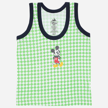 Green and white checkered kids sleeveless vest with cartoon character print, black trim