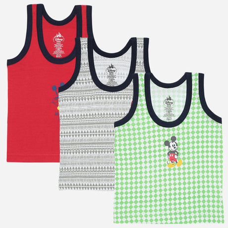 Set of three kids' sleeveless vests with Mickey Mouse prints and geometric patterns