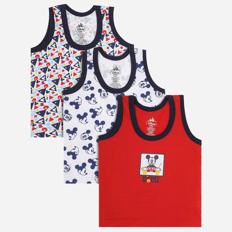 Set of three boys’ cotton vests with Mickey Mouse print in red, white, and multicolor designs