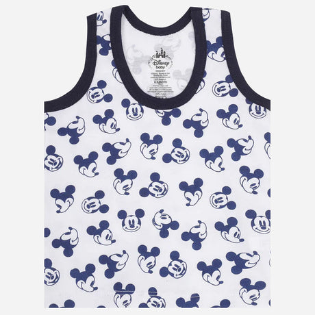 Kids white sleeveless vest with navy Mickey Mouse face print and dark trim, innerwear apparel