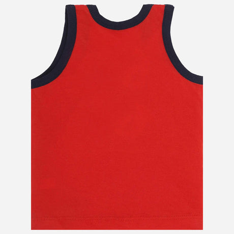 Red kids sleeveless vest with navy blue trim, comfortable innerwear for children