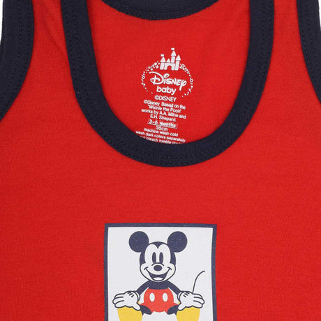 Red baby tank top with navy trim and front Mickey Mouse cartoon print