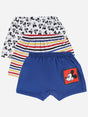Kids innerwear shorts multipack with cartoon prints, stripes, and solid blue design