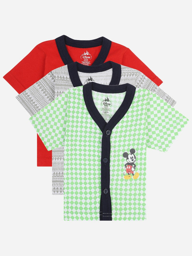 Set of three kids' short-sleeve innerwear tops in red, geometric grey, and green checkered pattern with cartoon mouse print