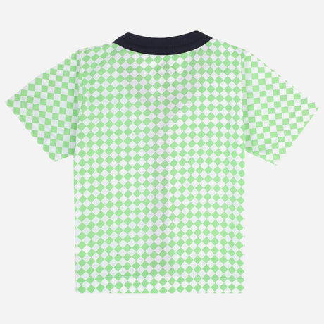 Kids short-sleeve t-shirt with green and white check pattern, black collar, back view