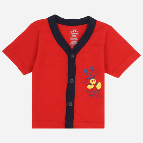 Red baby t-shirt with black trim, Mickey Mouse graphic, short sleeves, button front