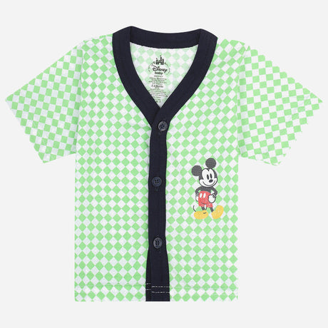 Green checkered baby shirt with black trim, Mickey Mouse print, short sleeves, button front