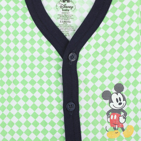 Green checkered baby shirt with black trim and Mickey Mouse cartoon print