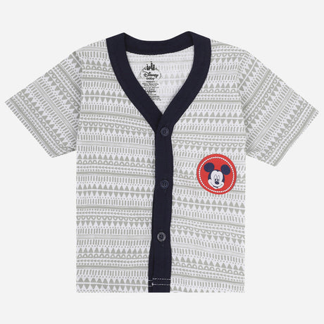 Baby short-sleeve printed shirt with a navy button-down front and Mickey Mouse patch.