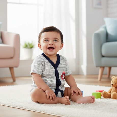 Smiling baby in patterned short-sleeve romper sitting on rug in a cozy, sunlit room
