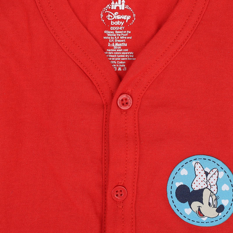 Red baby cotton bodysuit with Minnie Mouse print and snap buttons on front