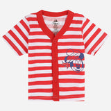 Red and white striped baby t-shirt with cartoon mouse print and front buttons, short sleeves