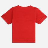 Back view of plain red short sleeve kids t-shirt against a white background