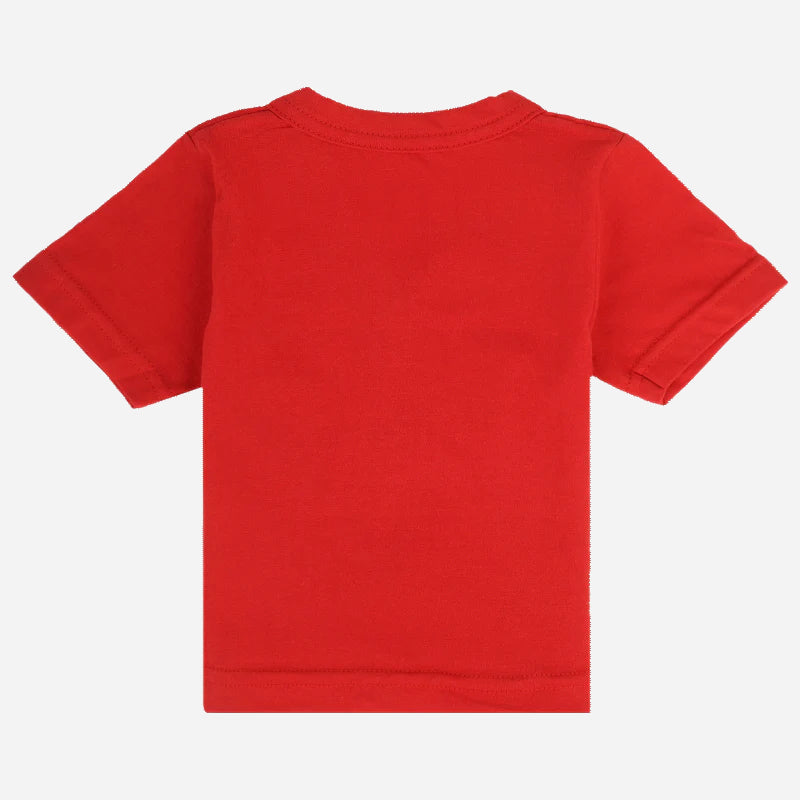 Back view of plain red short sleeve kids t-shirt against a white background