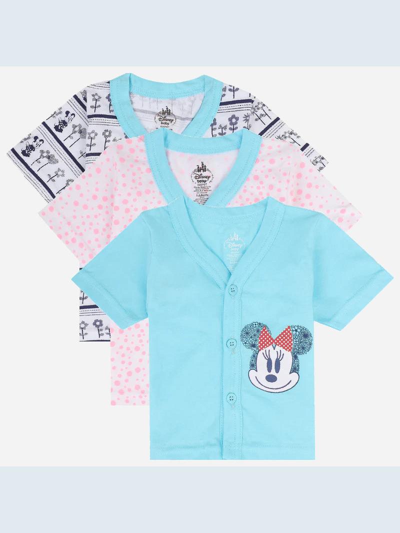 Pack of three baby vests with cartoon prints and patterns, including blue, pink, and white designs.